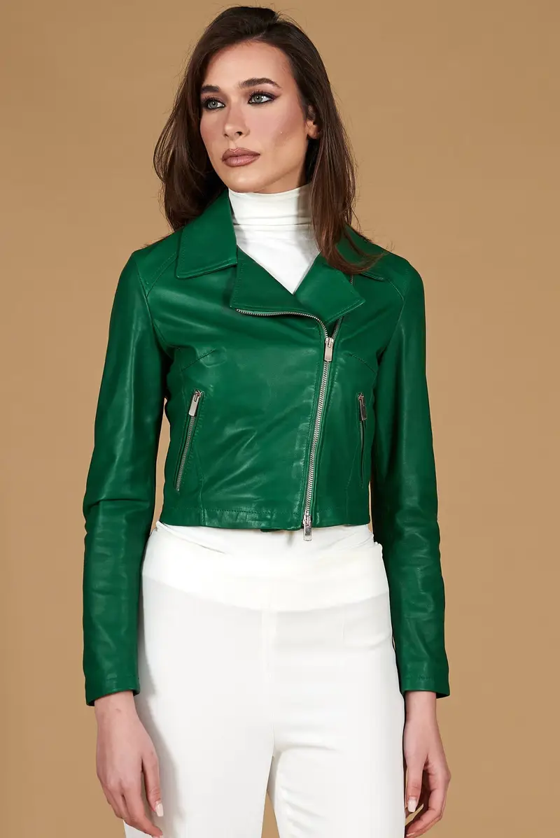 Giacca corta in pelle naturale verde stile chiodo D'Arienzo, Seleziona Taglia XS, Colore Verde