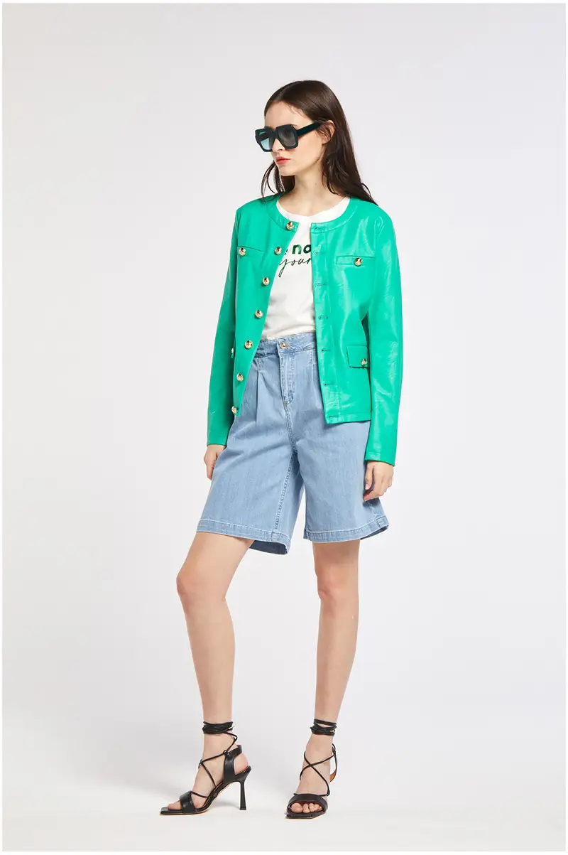 giacca girocollo in similpelle con bottoni menta