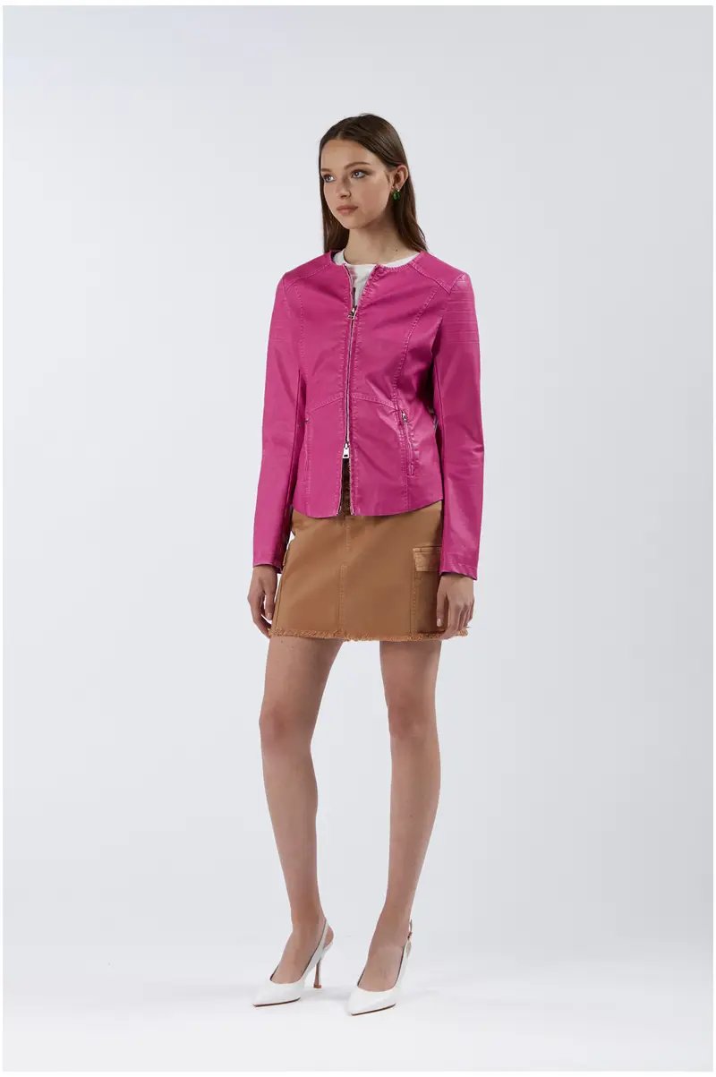 giacca girocollo in similpelle fuxia 40