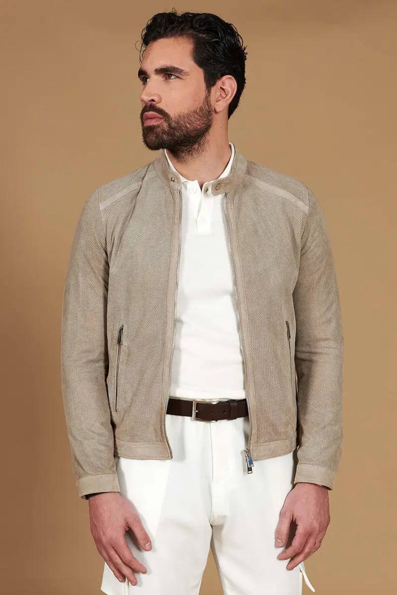 Giacca in camoscio traforato colore sabbia effetto liscio D'Arienzo, Seleziona Taglia 54, Colore Beige