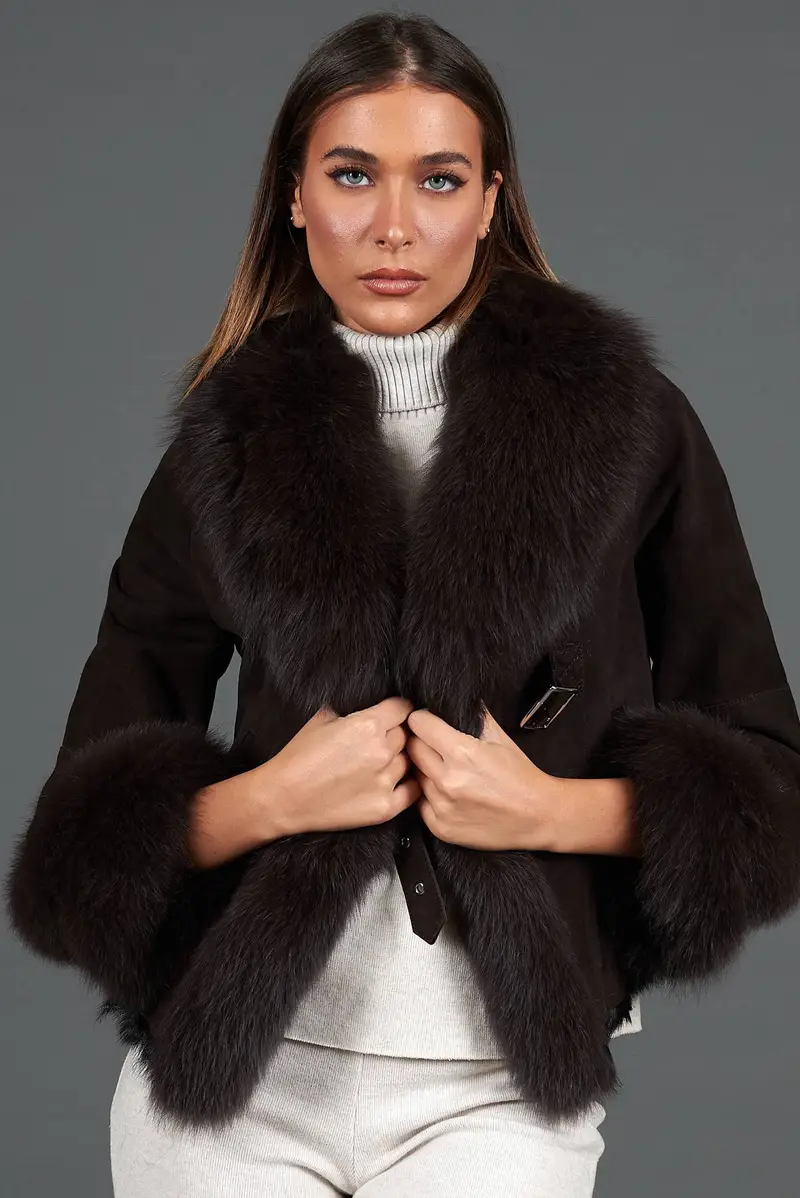 Giacca in montone scamosciato testa di moro con colletto in volpe D'Arienzo, Seleziona Taglia M, Colore Testa di moro