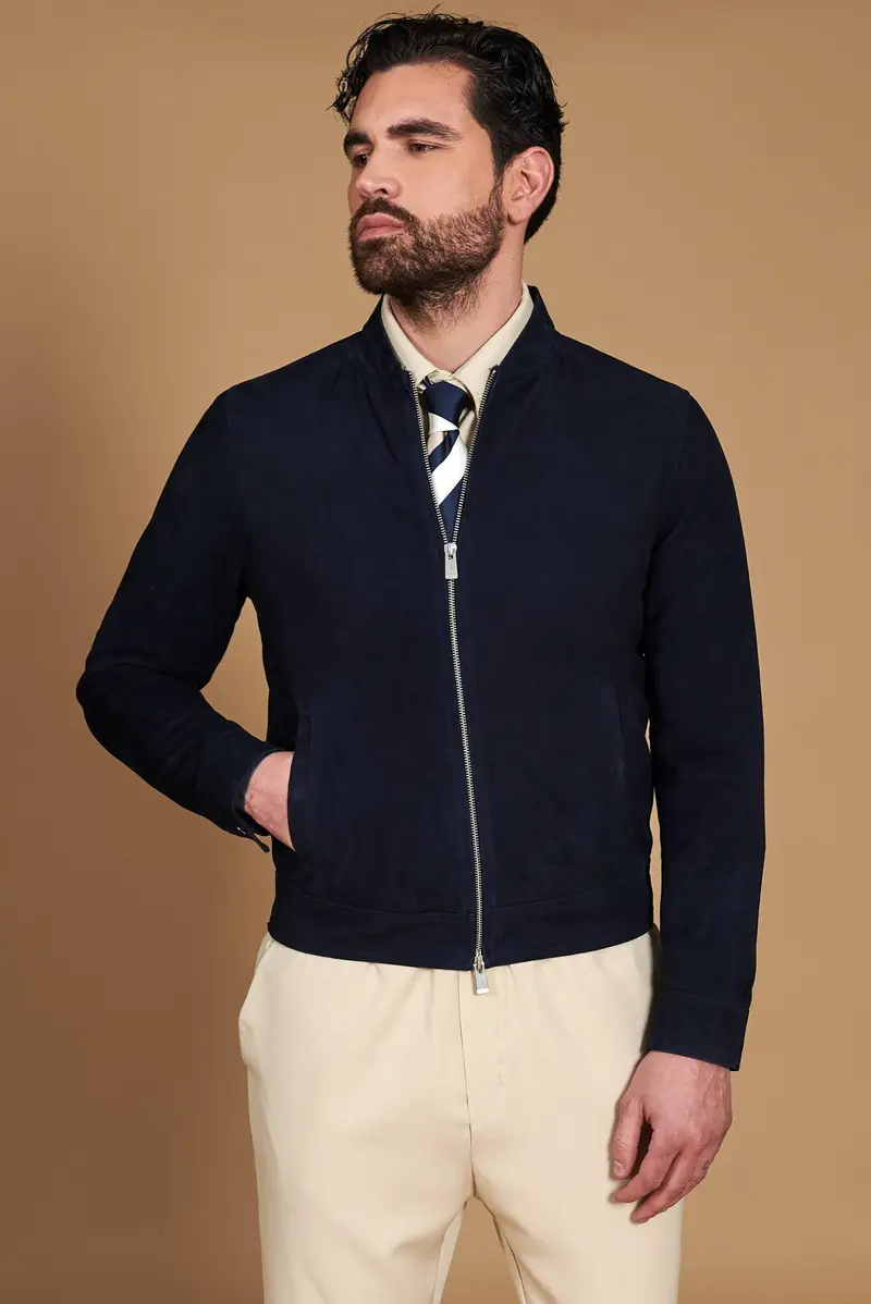 Giacca in pelle camoscio blu con cerniera D'Arienzo, Seleziona Taglia 44, Colore Blu