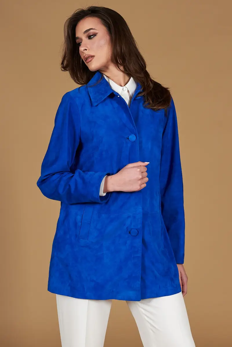 Giacca in pelle camoscio bluette monopetto versione oversize D'Arienzo, Seleziona Taglia S, Colore Bluette