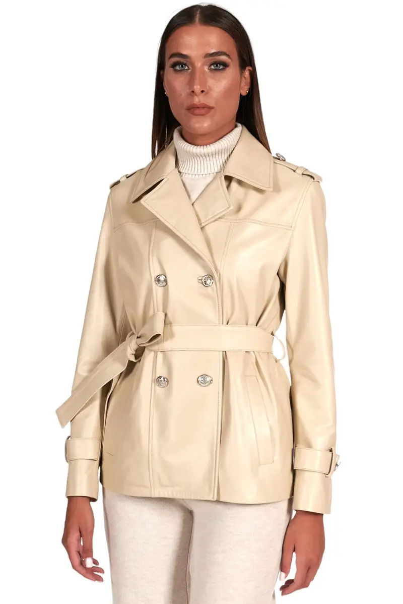 Giacca in pelle color crema doppio petto con cintura D'Arienzo, Seleziona Taglia XS-S, Colore Crema