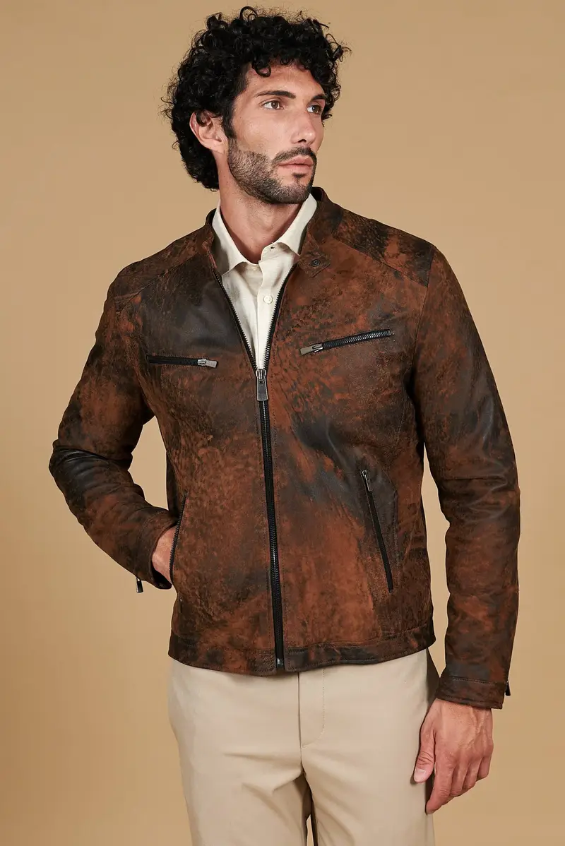 Giacca in pelle marrone effetto anticato quattro tasche D'Arienzo, Seleziona Taglia 46, Colore Safari