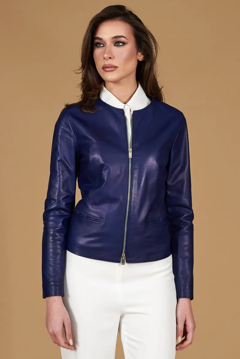 Giacca in pelle naturale bluette girocollo effetto liscio D'Arienzo, Seleziona Taglia XS, Colore Bluette
