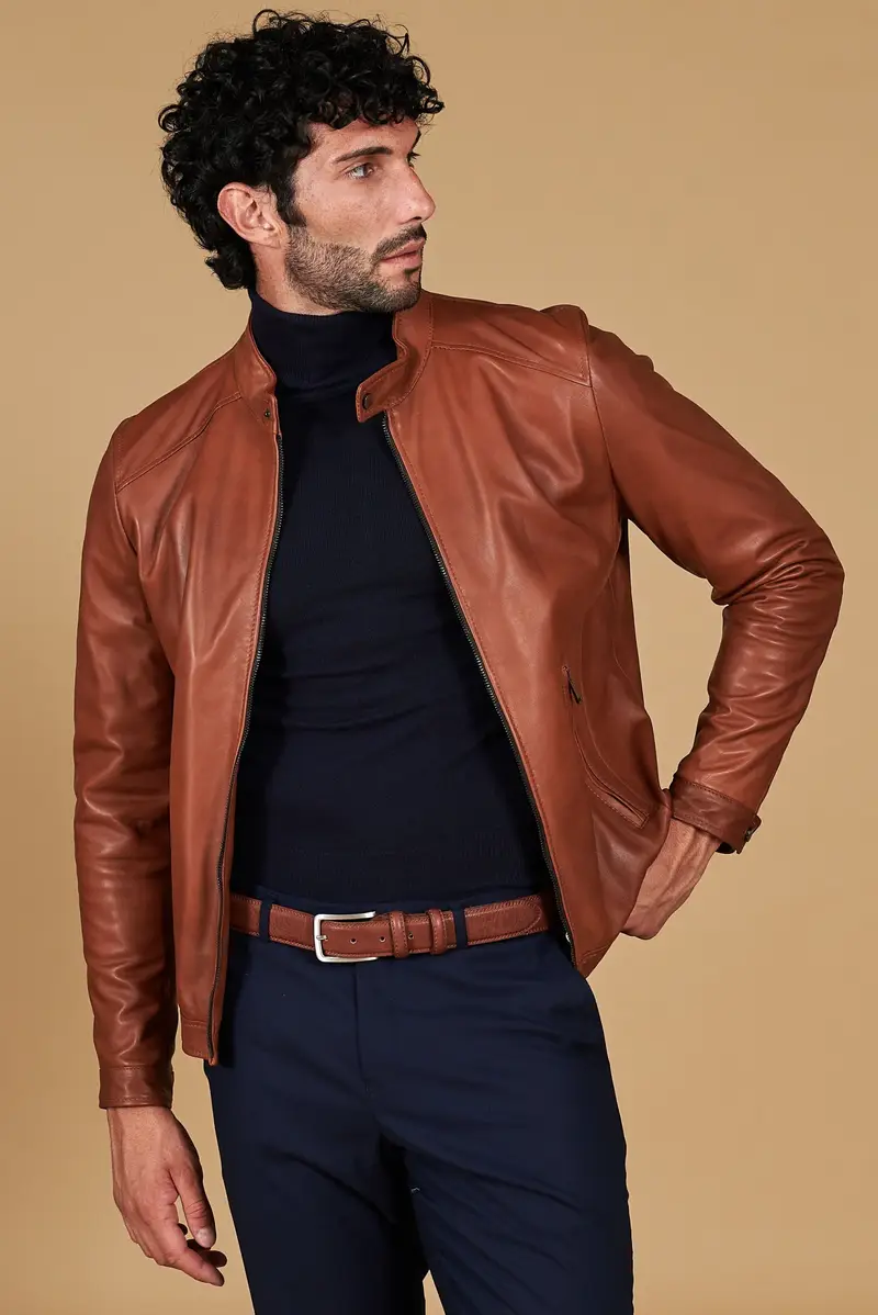 Giacca in pelle naturale colore cuoio effetto liscio collo coreana D'Arienzo, Seleziona Taglia 56, Colore Cuoio