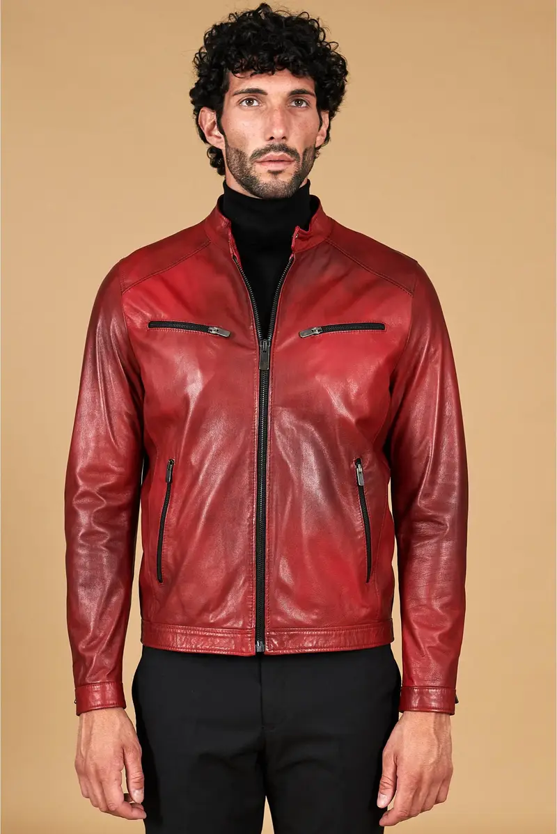 Giacca in pelle naturale colore rosso nuvolato quattro tasche D'Arienzo, Seleziona Taglia 46, Colore Rosso