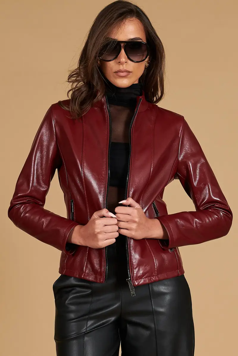 Giacca in pelle naturale rosso ancora effetto liscio colletto coreana D'Arienzo, Seleziona Taglia S, Colore Rosso