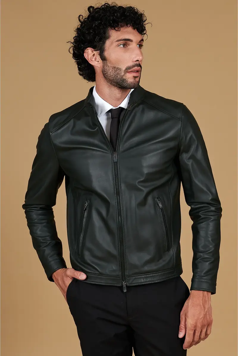 Giacca in pelle naturale verde effetto liscio D'Arienzo, Seleziona Taglia 50, Colore Verde