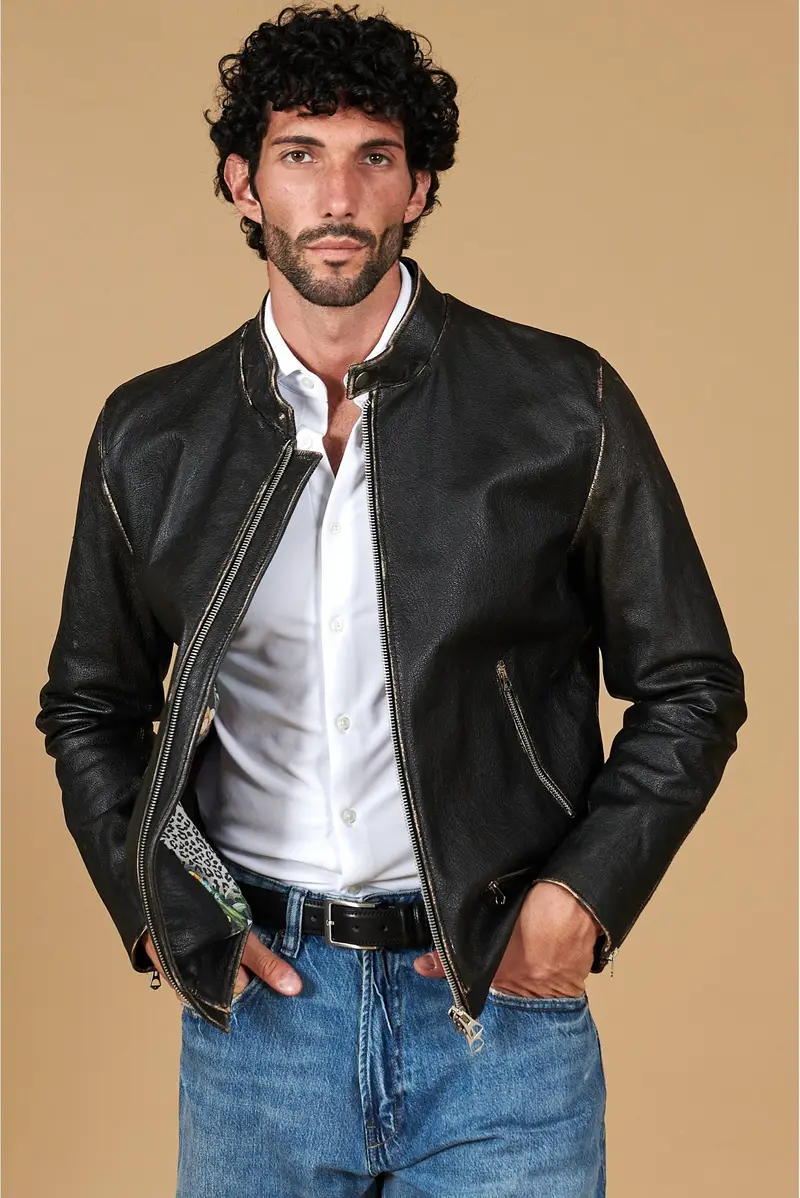 Giacca in pelle nera vintage quattro tasche zip D'Arienzo, Seleziona Taglia 46, Colore Nero