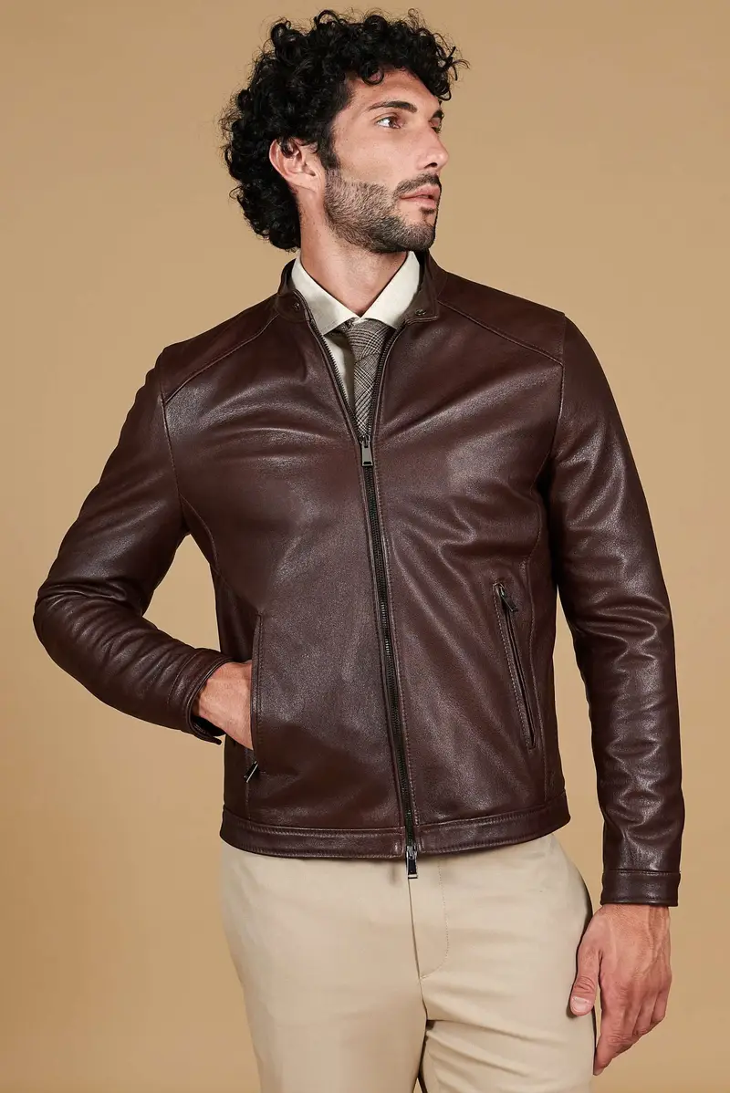 Giacca in pelle testa di moro effetto vintage collo coreana D'Arienzo, Seleziona Taglia 46, Colore Testa di moro