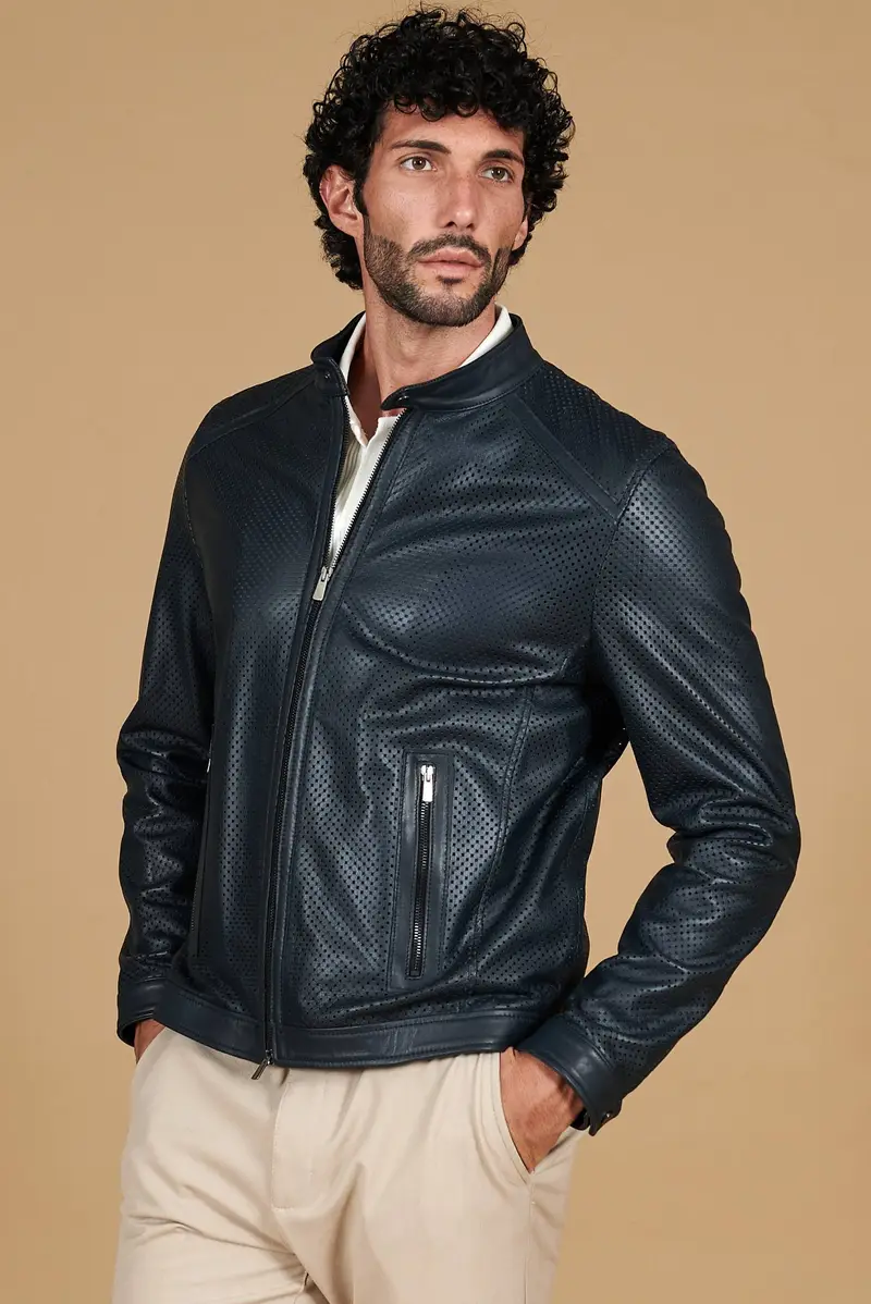 Giacca in pelle traforata blu nappa effetto liscio D'Arienzo, Seleziona Taglia 44, Colore Blu
