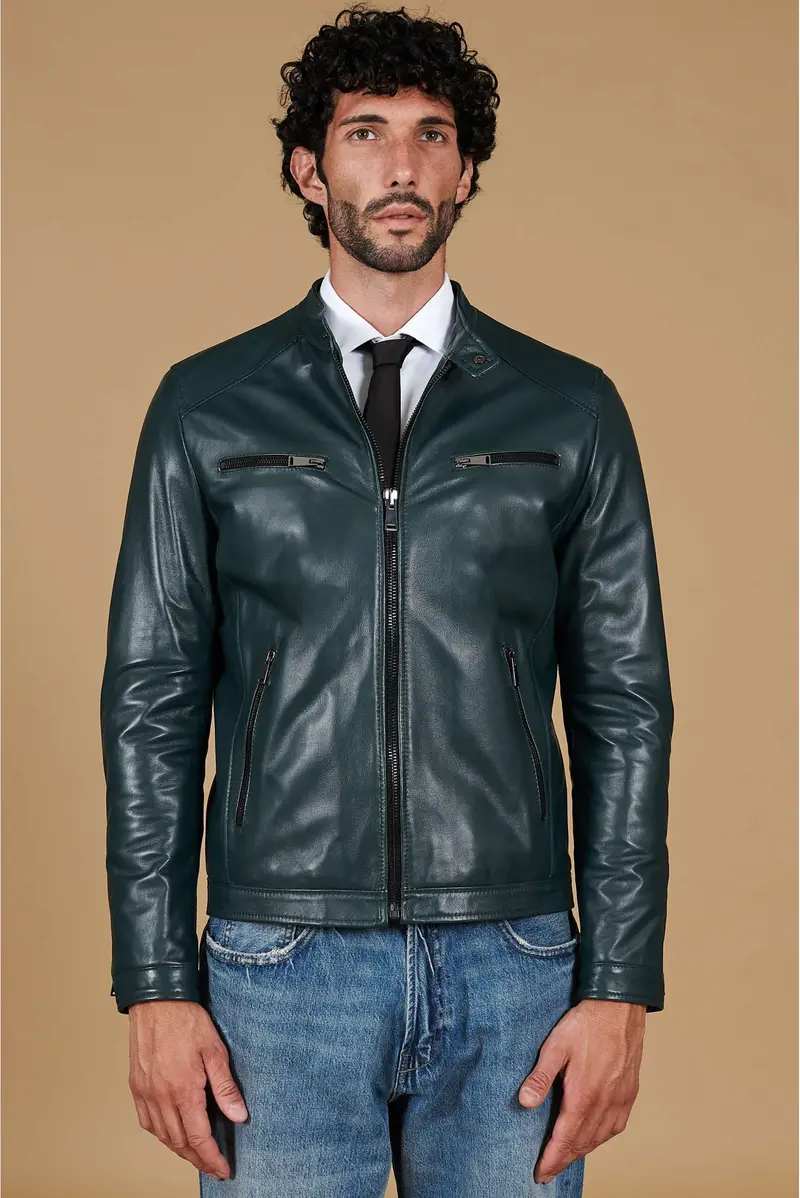 Giacca in pelle verde naturale effetto liscio quattro tasche D'Arienzo, Seleziona Taglia 46, Colore Verde