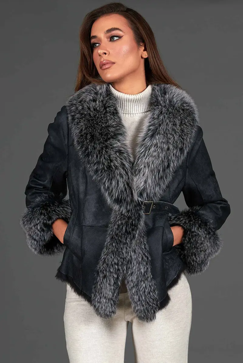 Giacca in pelliccia di lapin nappato nero con collo in volpe brinata D'Arienzo, Seleziona Taglia L, Colore Nero