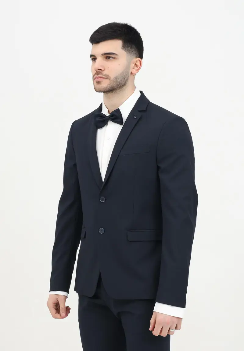 Giacca monopetto blu da uomo con spilla fly