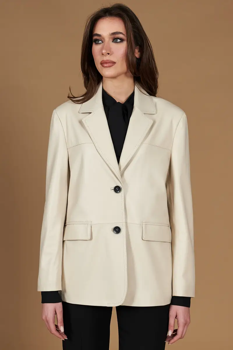 Giacca monopetto in pelle color crema con bottoni effetto liscio D'Arienzo, Seleziona Taglia S, Colore Crema