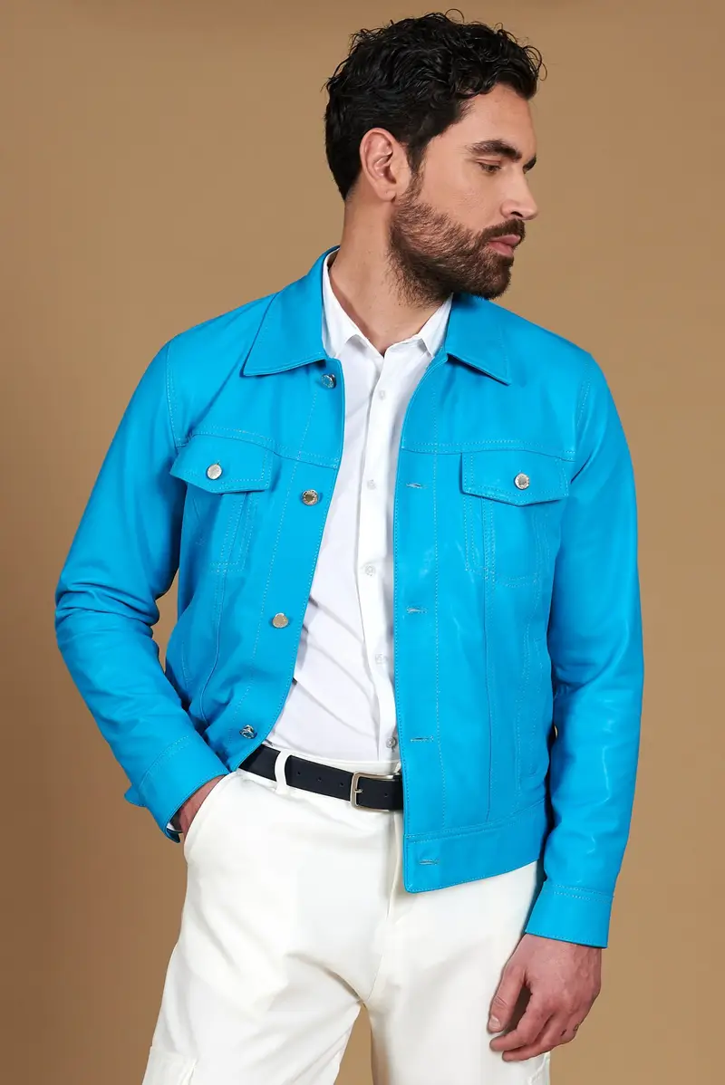 Giacca pelle naturale turchese con bottoni e collo camicia D'Arienzo, Seleziona Taglia 46, Colore Turchese