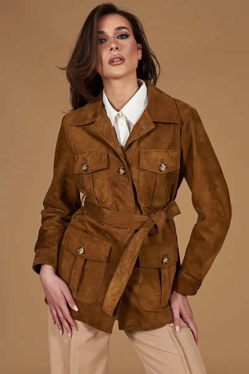 Giacca sahariana in camoscio color cuoio con cintura D'Arienzo, Seleziona Taglia S, Colore Cuoio