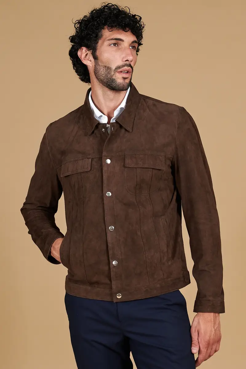 Giacca sfoderata pelle camoscio testa di moro bottoni con colletto camicia D'Arienzo, Seleziona Taglia 46, Colore Testa di moro