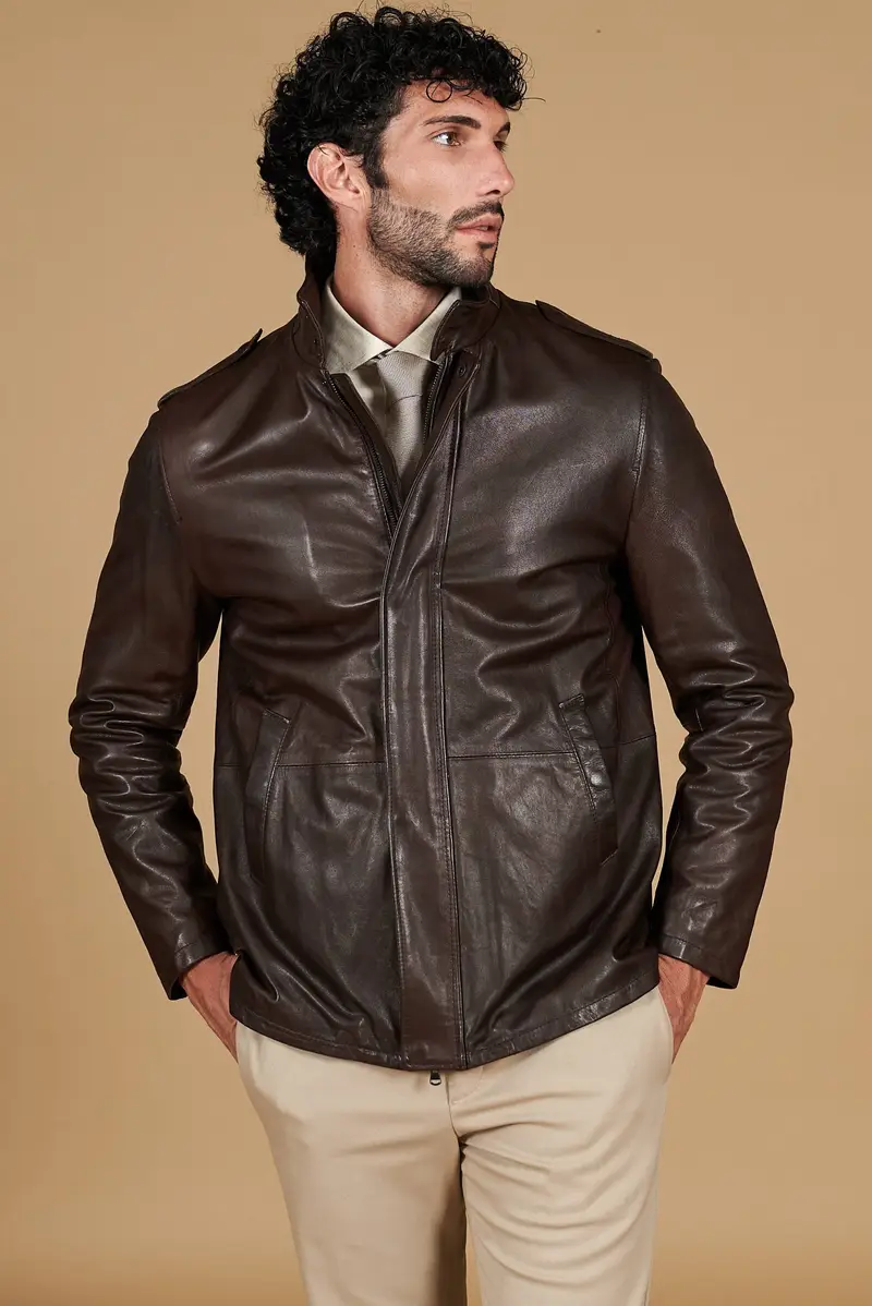 Giaccone in pelle testa di moro tasconi nappa effetto liscio D'Arienzo, Seleziona Taglia 54, Colore Testa di moro