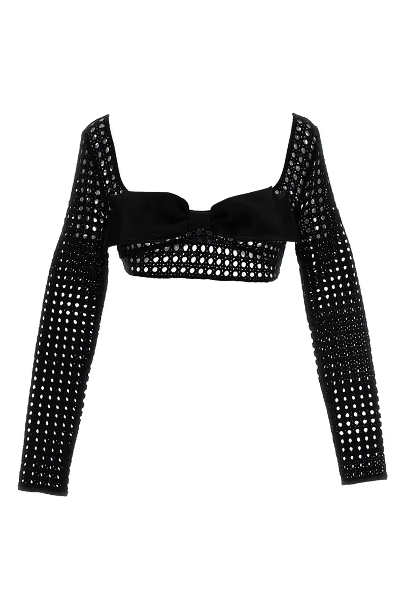 Top Cropped Macramè Fiocco Nero