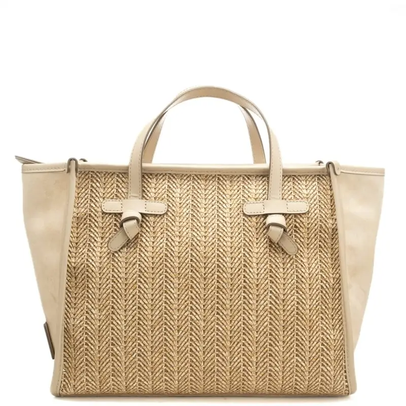 borsa a spalla da donna miss marcella in tessuto intrecciato con profili a contrasto sabbia