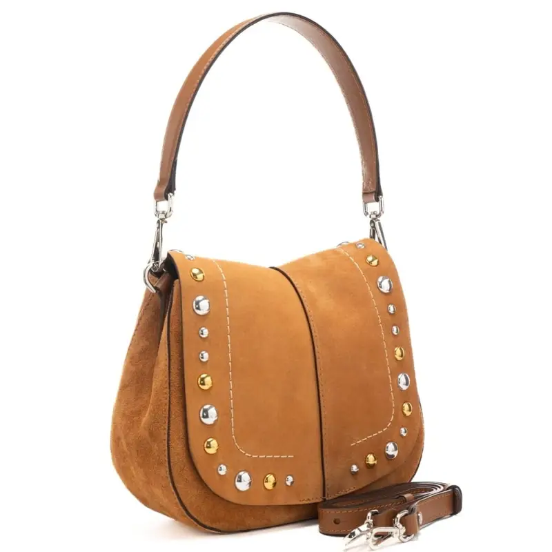 borsa da donna helena in vera pelle scamosciata con borchie in metallo sulla parte frontale caramello miniatura 2