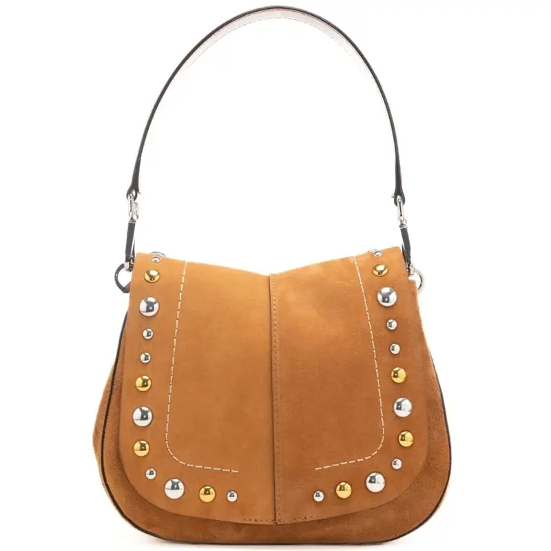 borsa da donna helena in vera pelle scamosciata con borchie in metallo sulla parte frontale caramello