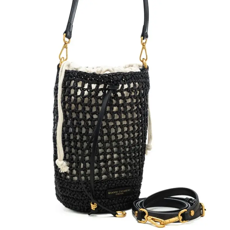 borsa da donna nefeli in tessuto intrecciato con sacca interna con coulisse nera miniatura 2