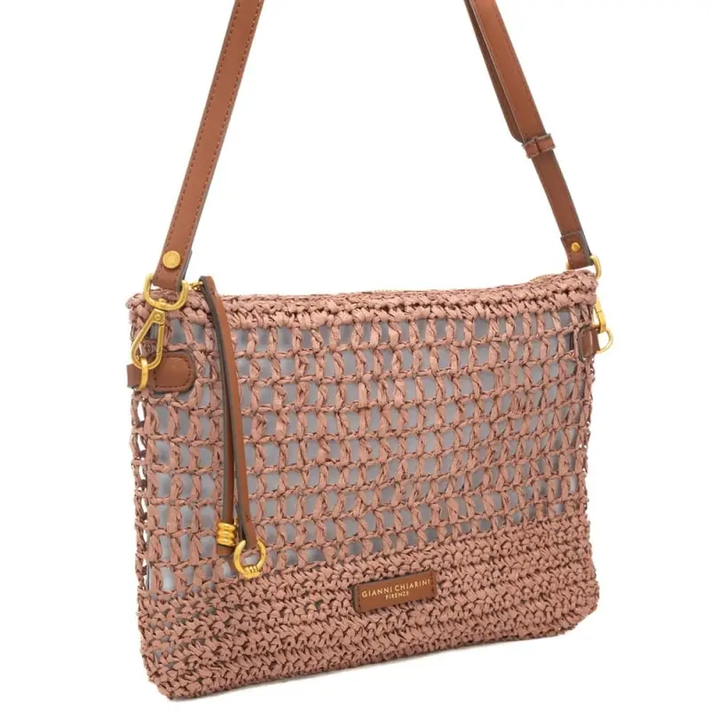 pochette da donna nefeli in tessuto intrecciato con dettagli in cuoio rosa miniatura 2