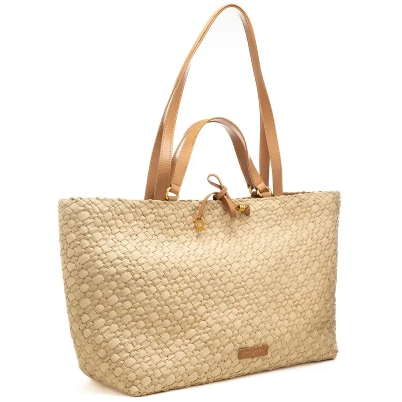 shopping bag da donna mercy in tessuto intrecciato con doppia portabilità naturale miniatura 2