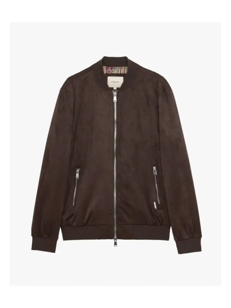 giubbotto full zip collo baseball in ecocamoscio marrone