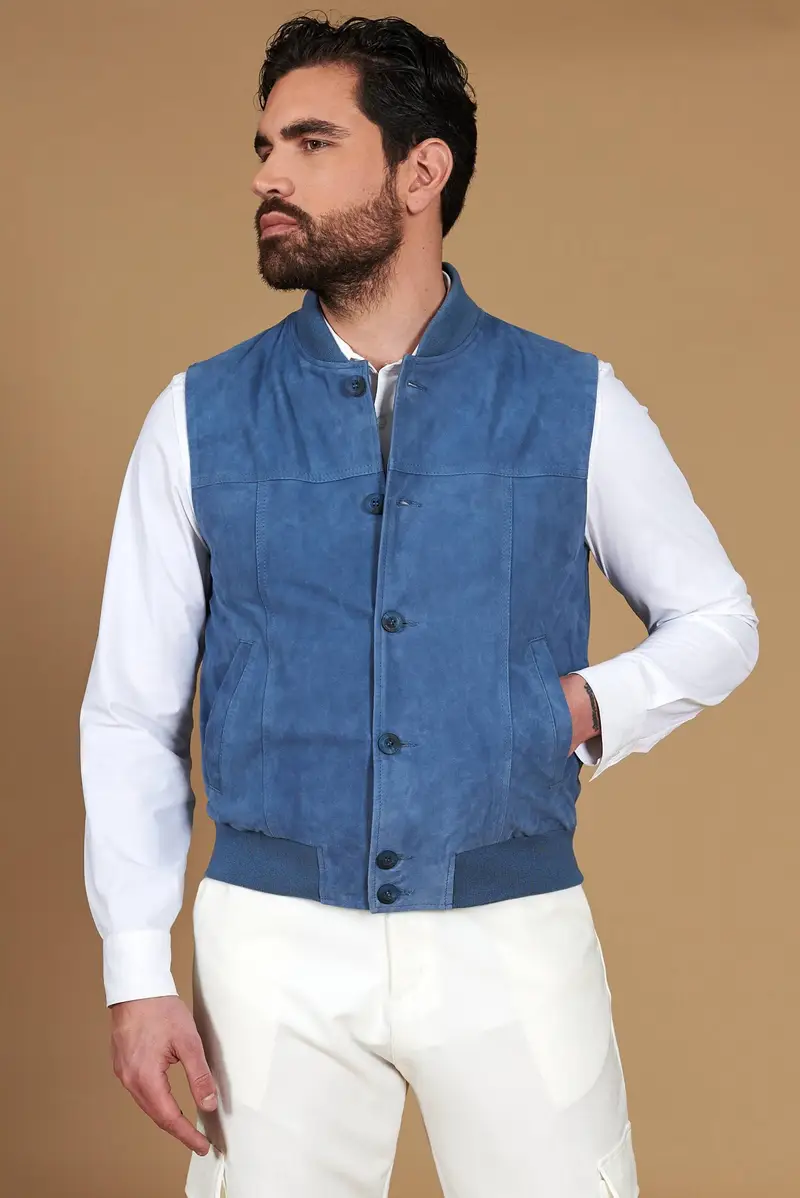 Gilet in pelle camoscio blu denim con bottoni D'Arienzo, Seleziona Taglia 46, Colore Blu