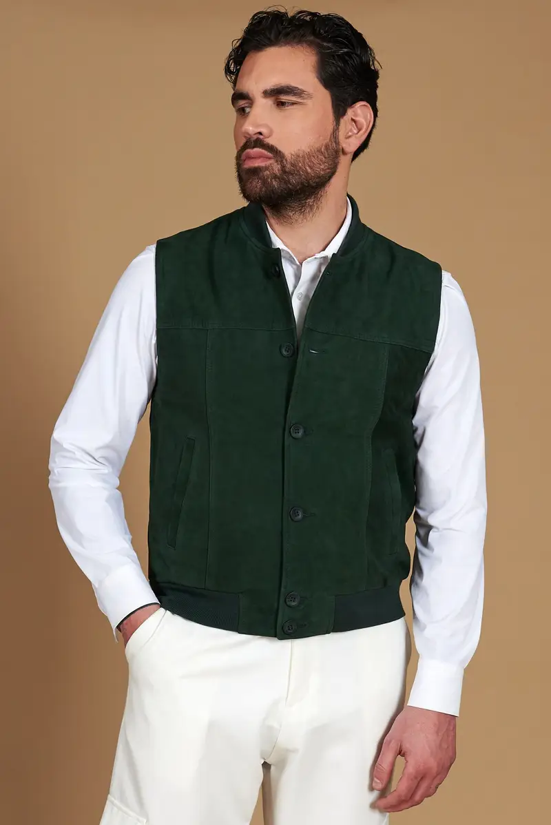 Gilet in pelle camoscio verde con bottoni D'Arienzo, Seleziona Taglia 46, Colore Verde
