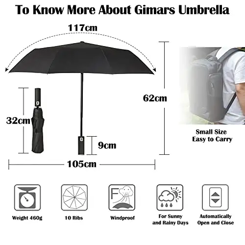 Gimars Ombrello Automatico Antivento Anti Tempesta, Ombrello Portatile Pieghevole 10 Aste Rivestimento Teflon 210T+Anti miniatura 2