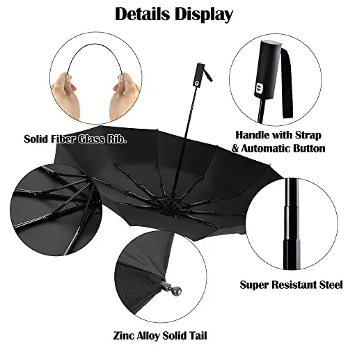 Gimars Ombrello Automatico Antivento Anti Tempesta, Ombrello Portatile Pieghevole 10 Aste Rivestimento Teflon 210T+Anti miniatura 3