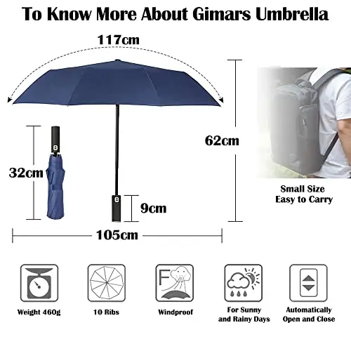 Gimars Ombrello Automatico Pieghevole Antivento Anti Tempesta Ombrello Blu Ultraresistente 10 Aste Rivestimento Teflon miniatura 3