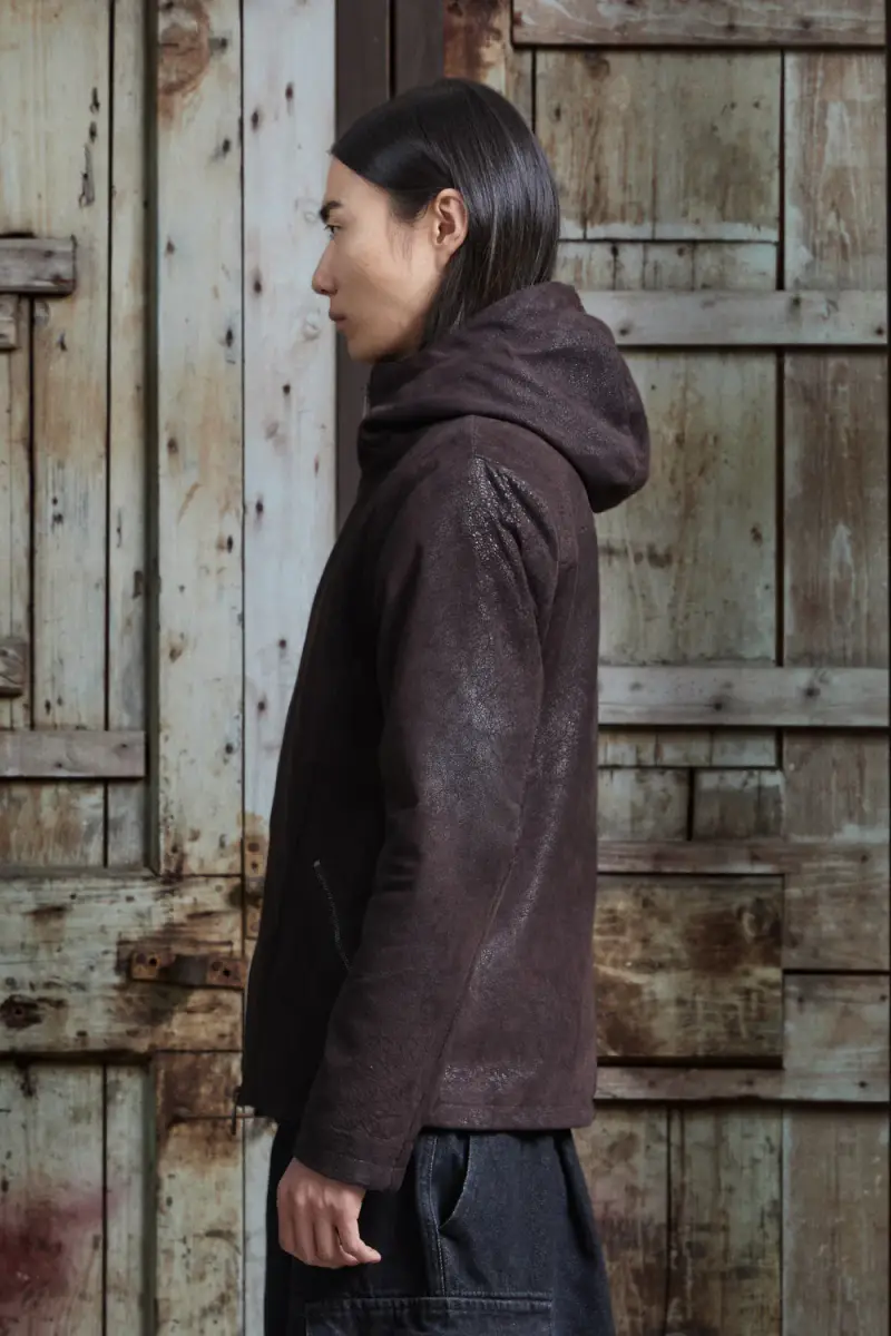 Giubbotto in pelle con cappuccio mocha miniatura 2