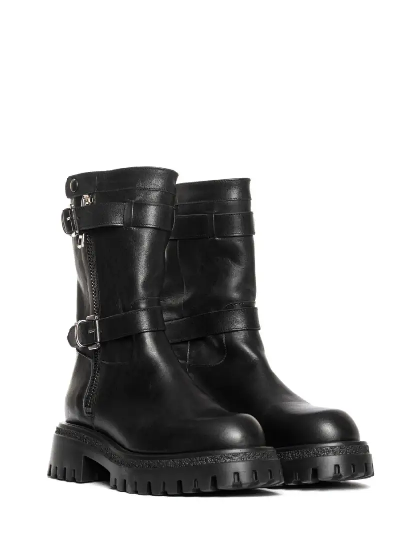 Biker Norvegia in vitello montone nero con cinturini miniatura 2