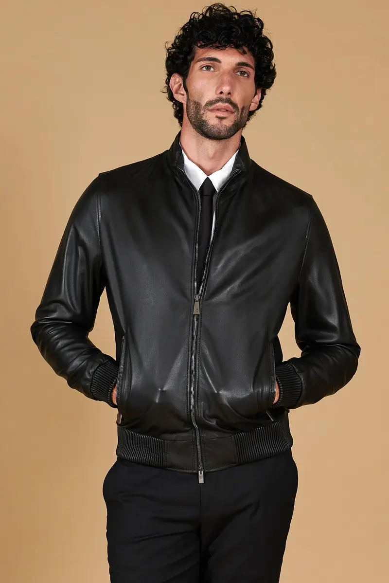 Giubbotto bomber in pelle nera con ricamo a cannette D'Arienzo, Seleziona Taglia 46, Colore Nero