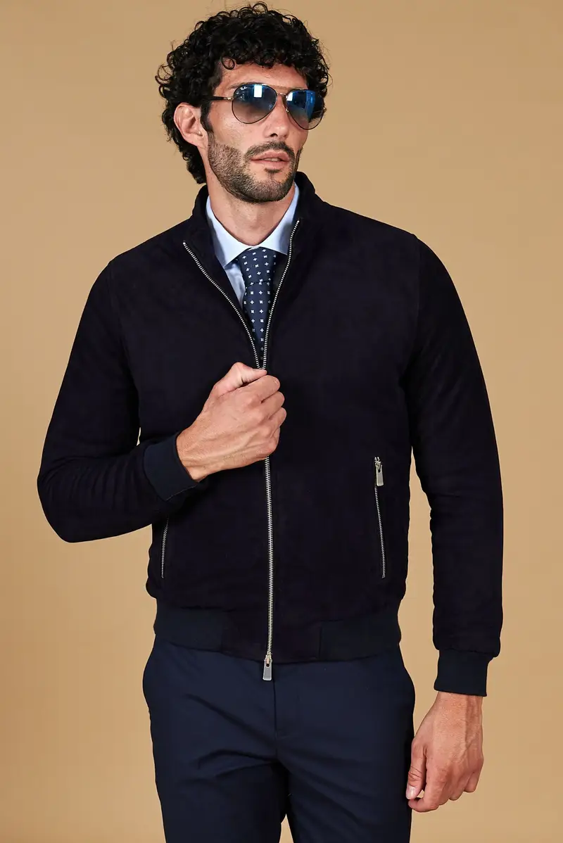 Giubbotto bomber in pelle scamosciata blu tono su tono D'Arienzo, Seleziona Taglia 54, Colore Blu