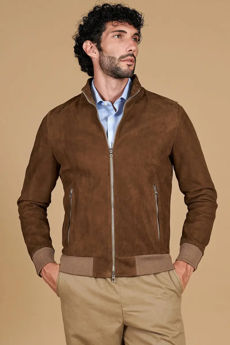 Giubbotto bomber in pelle scamosciata fango tono su tono D'Arienzo, Seleziona Taglia 44, Colore Fango