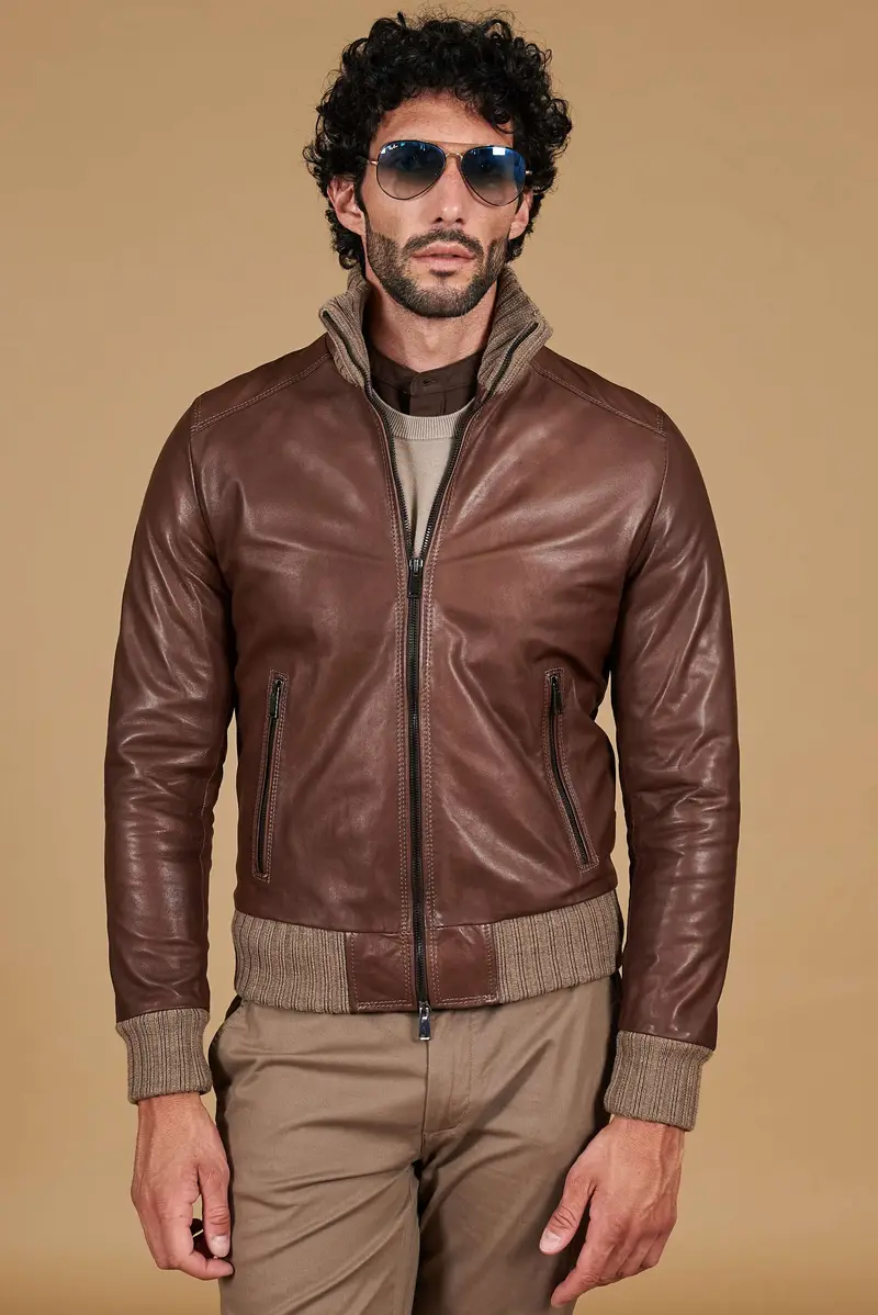 Giubbotto Bomber in pelle testa di moro effetto vintage D'Arienzo, Seleziona Taglia 46, Colore Testa di moro