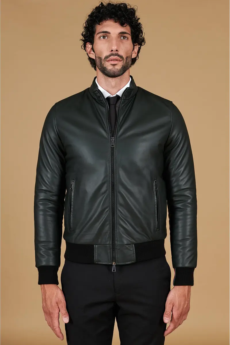 Giubbotto Bomber in pelle verde naturale effetto liscio D'Arienzo, Seleziona Taglia 44, Colore Verde