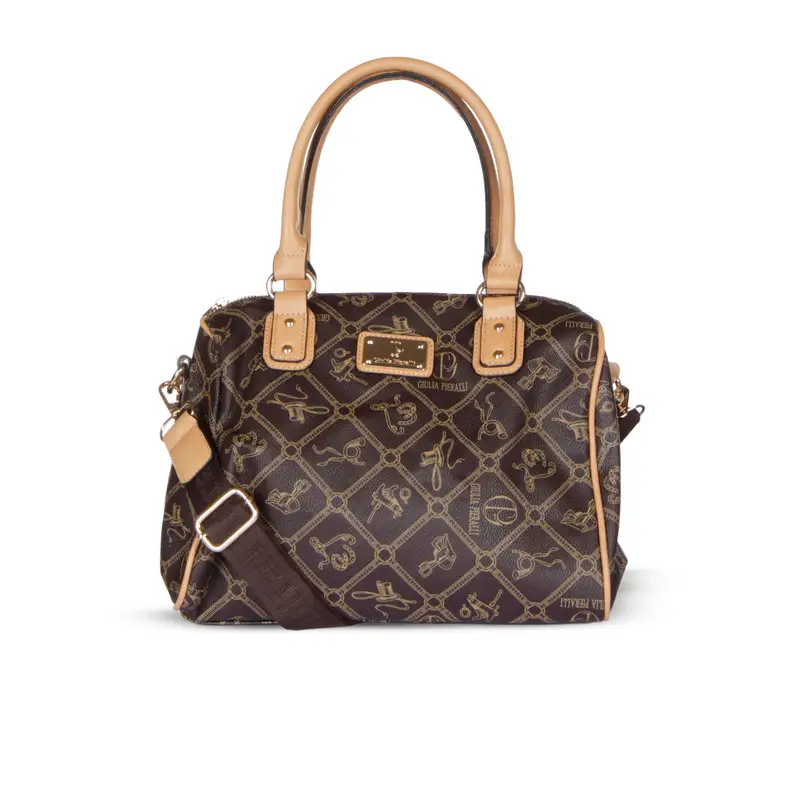 Bauletto marrone con stampa multi logo e tracolla in tessuto