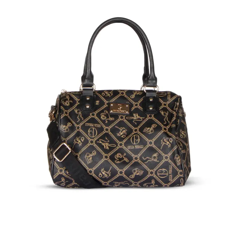 Bauletto nero e oro con stampa multi logo e tracolla regolabile in tessuto