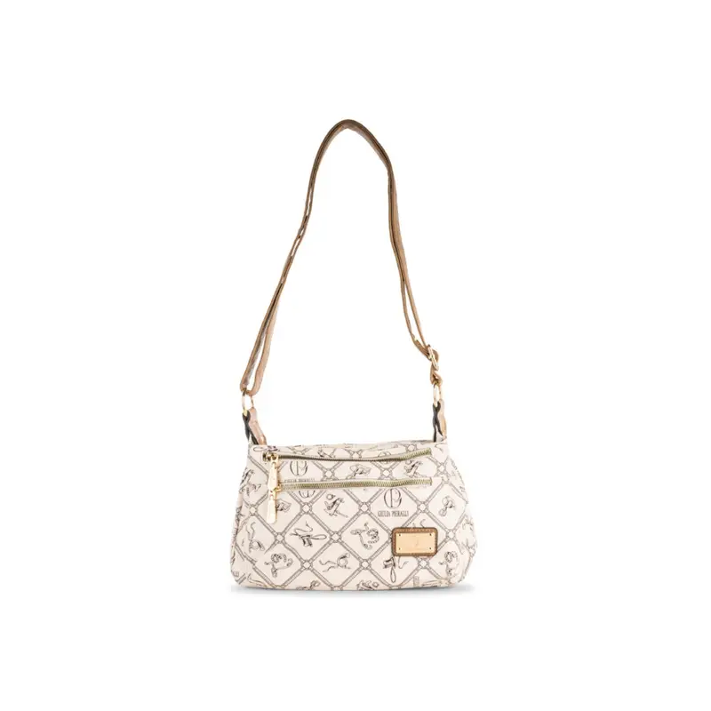 Borsa bianca da donna con tracolla regolabile, stampa multi logo e tasca con zip