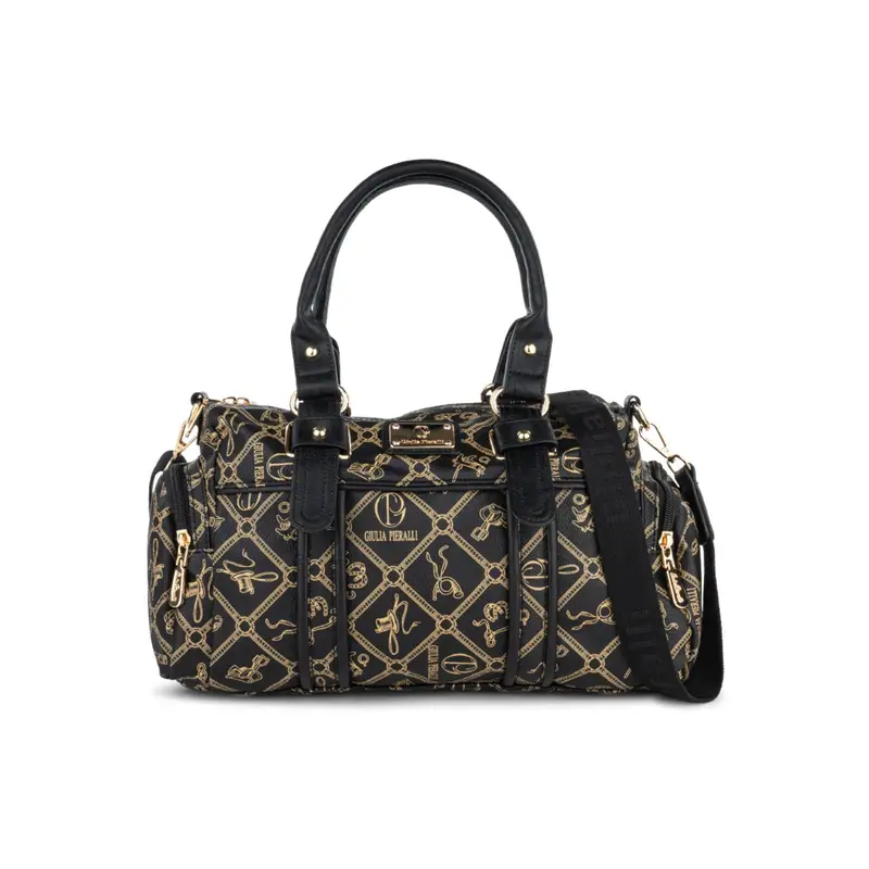 Borsa nera da donna con tasche laterali e stampa multi logo