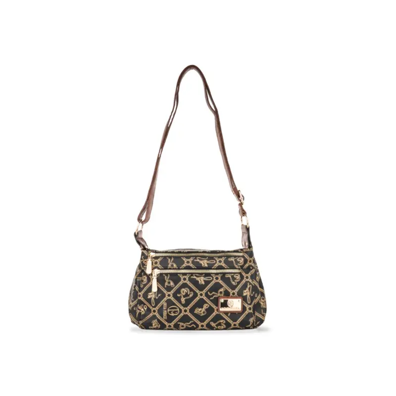 Borsa nera da donna con tracolla regolabile, stampa multi logo e tasca con zip